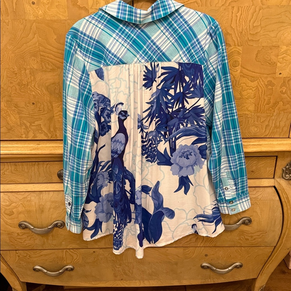 Soft Surroundings Teal & Blue Plaid Shirt with a surprise back